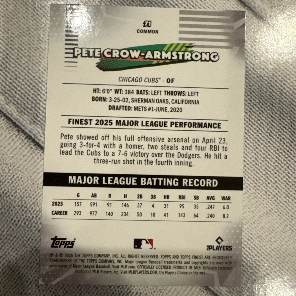 Topps 2026 Finest Pete Crow-Armstrong Chicago Cubs #71 Common